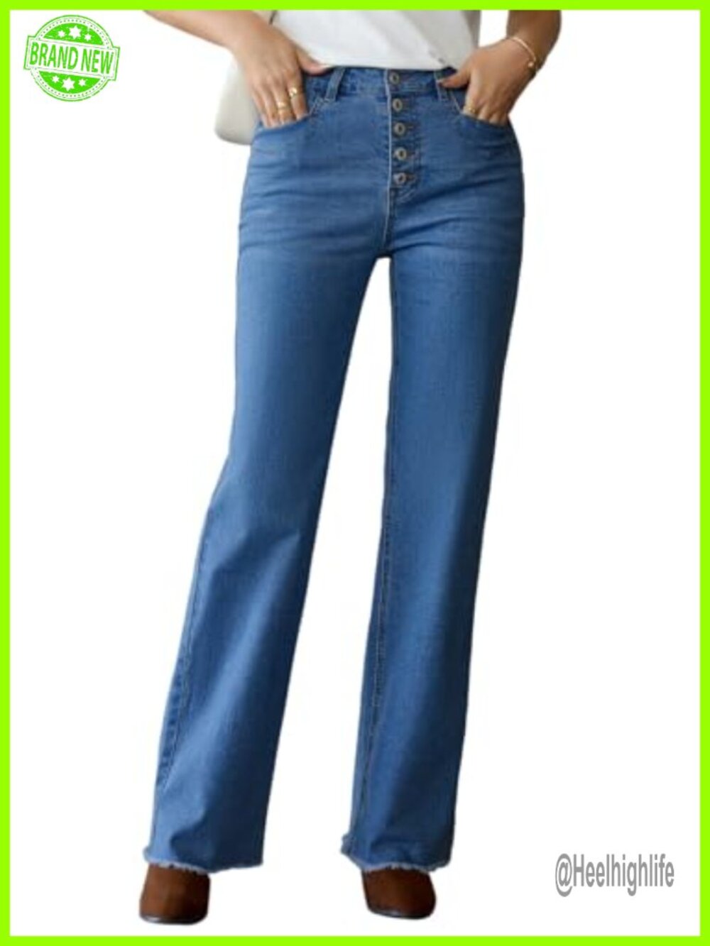 Wide Leg High Waisted Button Fly Raw Hem Stretchy Denim Jeans